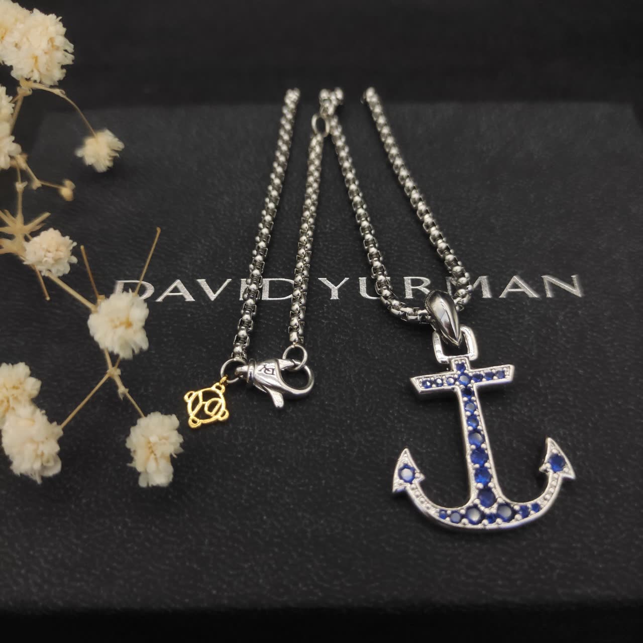 David Yurman Silver Anchor Pendant with Blue Stones